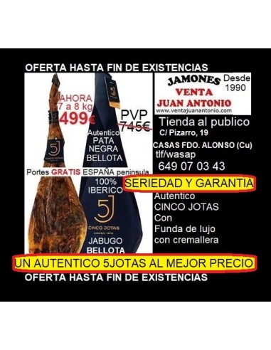 Cinco Jotas 7 a 7,9k Jamón de bellota 100% ibérico de JABUGO Pata Negra 5J