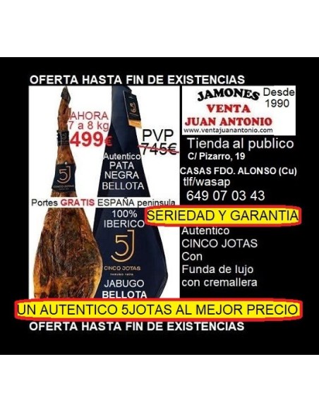 Cinco Jotas 7 a 7,9k Jamón de bellota 100% ibérico de JABUGO Pata Negra 5J