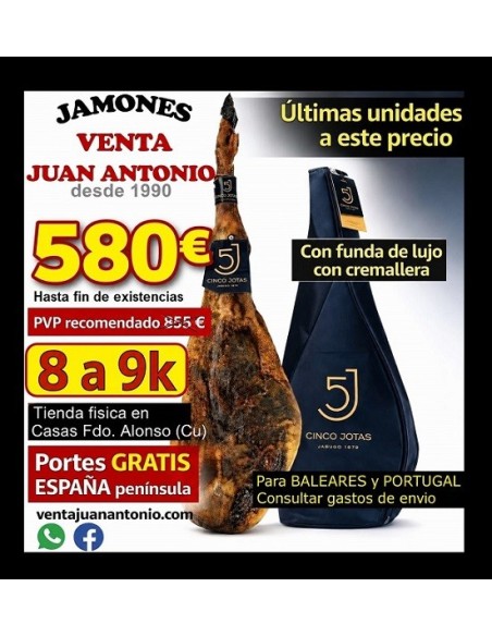 OCASIÓN Cinco Jotas 8 a 8,9k Jamón de bellota 100% ibérico de JABUGO Pata Negra 5J